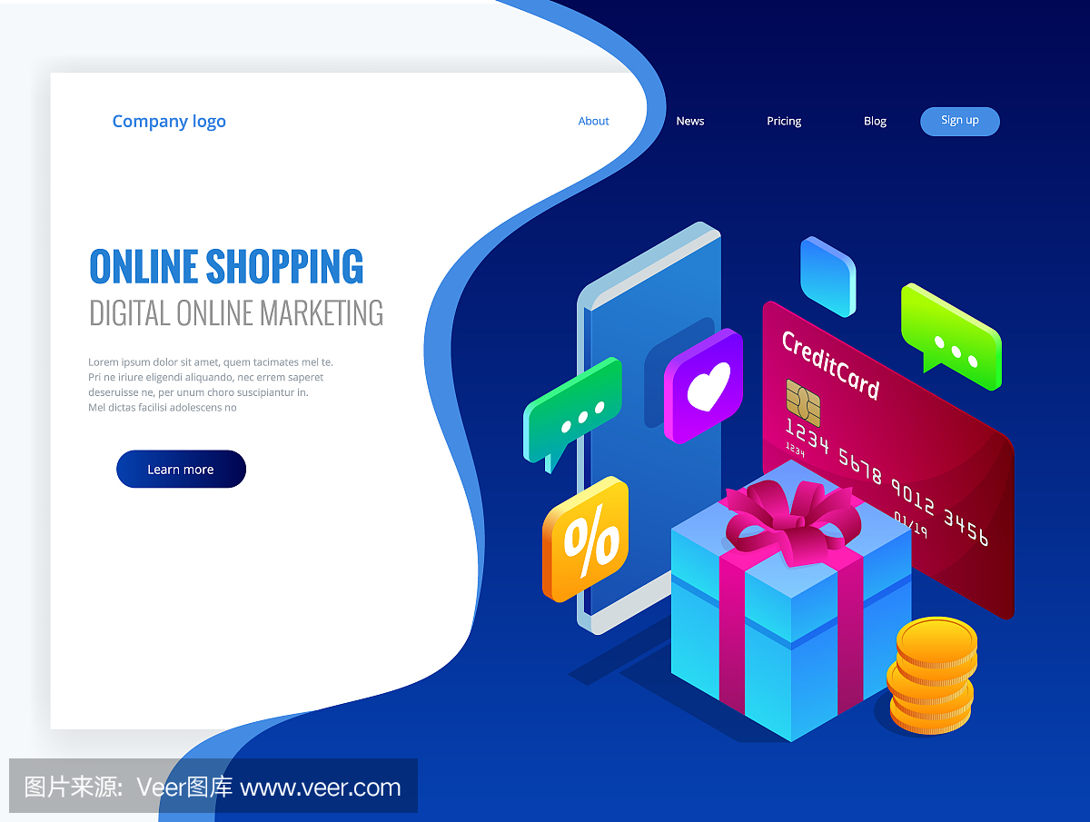 等距網(wǎng)上購物概念。數(shù)字網(wǎng)絡(luò)營銷商業(yè)銷售概念。最好的禮物。矢量圖